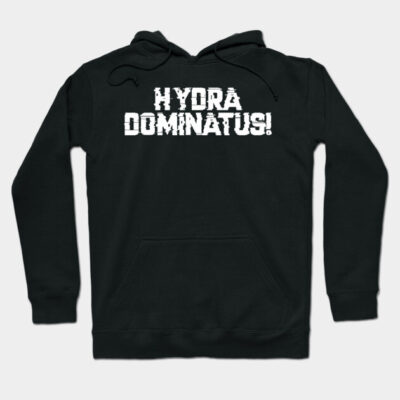 Black hoodie with "Hydra Dominatus!" text in bold white font, featuring a cozy design perfect for casual wear.