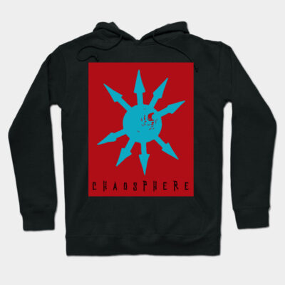 Black hoodie with red and blue abstract design, casual style, cozy cotton material, ideal for everyday wear.