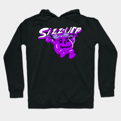Black hoodie with vibrant purple graphic and "Sizzurp" text, casual style, perfect for everyday wear, cotton blend.