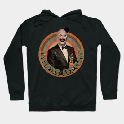 Black hoodie with vintage horror clown graphic, text "Terrifier Art Clown," perfect for casual wear and Halloween events.