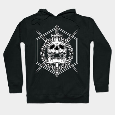 Black hoodie with white skull and sword design, gothic style, ideal for casual wear, made from soft cotton blend.