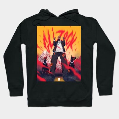 Black graphic hoodie with vibrant anime-inspired design, featuring bold colors and stylish streetwear appeal.