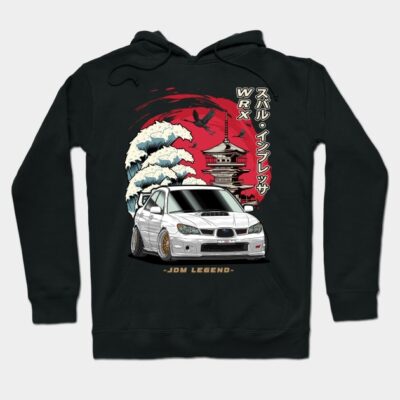 Black hoodie with JDM Legend car graphic, featuring snowy landscape and pagoda. Ideal for car enthusiasts. Cotton blend.