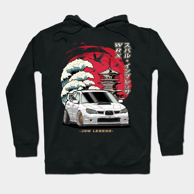 Black hoodie with JDM Legend car graphic, featuring snowy landscape and pagoda. Ideal for car enthusiasts. Cotton blend.