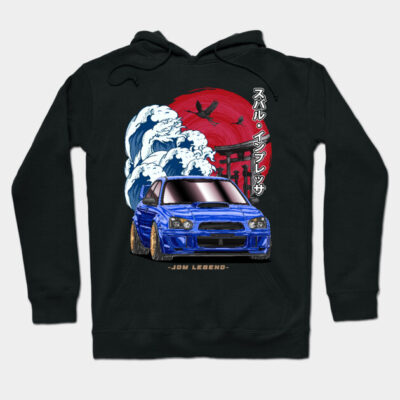 Black hoodie with blue car graphic, Japanese text, red sun, and wave design. Casual streetwear, cotton blend material.