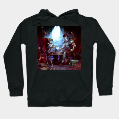 Black hoodie featuring a medieval knights and skeletons artwork, perfect for casual wear and fantasy enthusiasts.