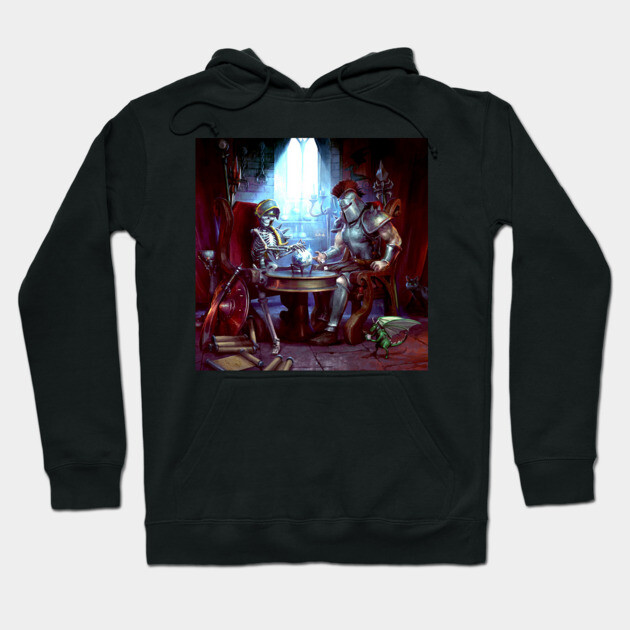 Black hoodie featuring a medieval knights and skeletons artwork, perfect for casual wear and fantasy enthusiasts.