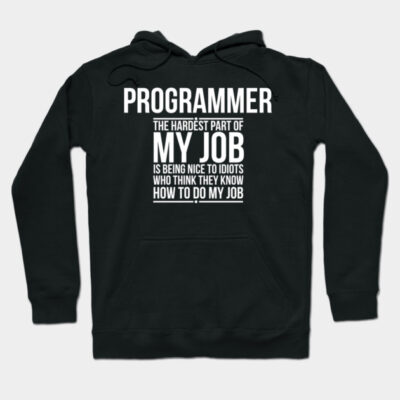 Black hoodie with "Programmer" text, humorous quote, cotton material, casual wear, perfect for tech enthusiasts.