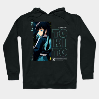 Black anime-themed hoodie with graphic design and text, featuring vibrant blue accents. Perfect for casual wear.