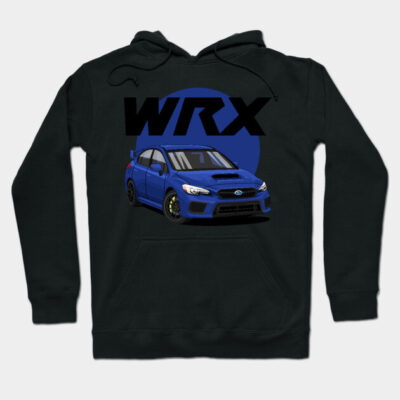 Black hoodie with blue WRX car graphic, ideal for car enthusiasts, casual wear, cotton blend fabric.