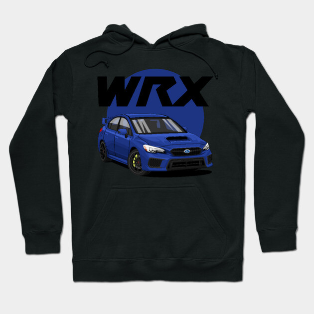 Black hoodie with blue WRX car graphic, ideal for car enthusiasts, casual wear, cotton blend fabric.