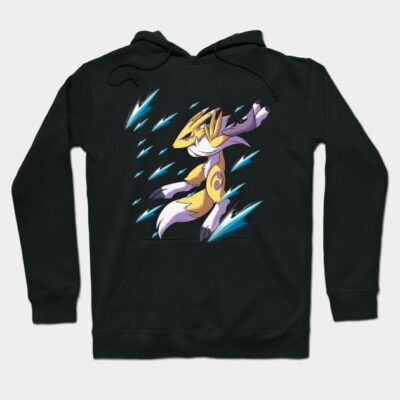 Black hoodie with vibrant yellow and blue anime-style graphic, featuring a dynamic character design. Cotton blend material.