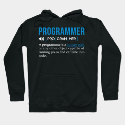 Black hoodie with "Programmer" definition text, stylish design, ideal for tech enthusiasts, made from soft cotton fabric.