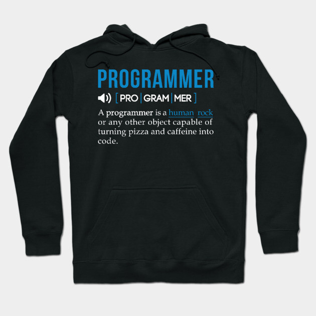 Black hoodie with "Programmer" definition text, stylish design, ideal for tech enthusiasts, made from soft cotton fabric.