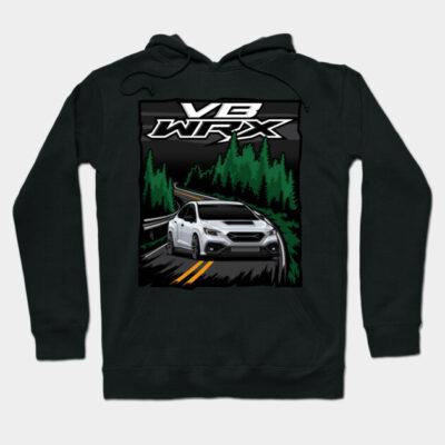 Black hoodie featuring car design with forest backdrop, VB WRX text, perfect for casual wear, cotton blend material.