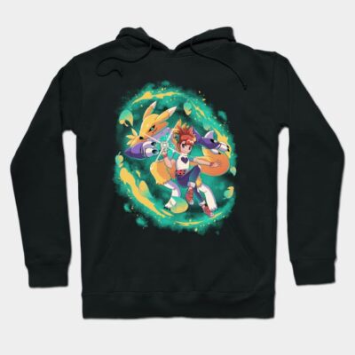 Black hoodie with colorful anime graphic, featuring dynamic characters. Cozy cotton blend, perfect for casual wear.