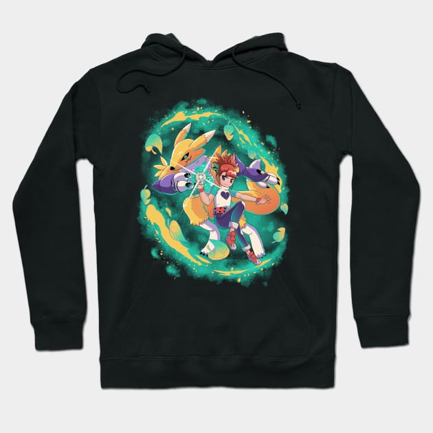 Black hoodie with colorful anime graphic, featuring dynamic characters. Cozy cotton blend, perfect for casual wear.