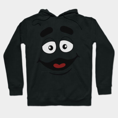 Black hoodie with cartoon face design, drawstring hood, and front pocket. Ideal for casual wear and cozy comfort.