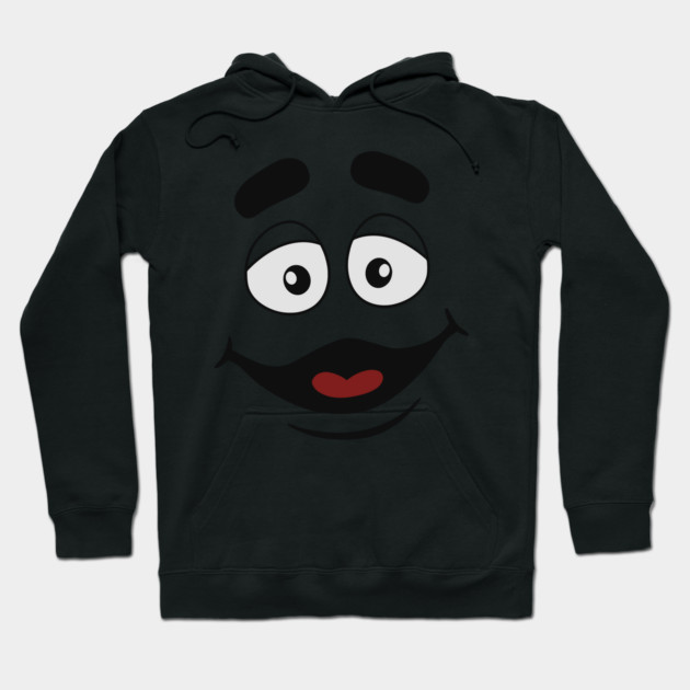 Black hoodie with cartoon face design, drawstring hood, and front pocket. Ideal for casual wear and cozy comfort.