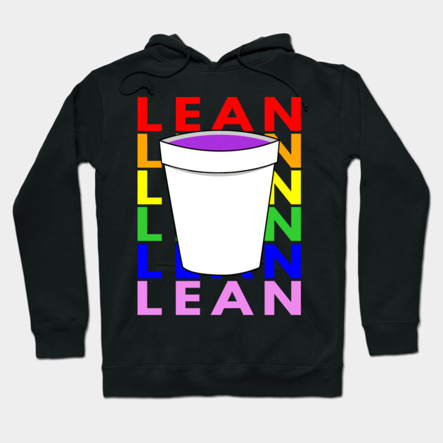 Black hoodie with colorful "LEAN" graphic and white cup design, casual style, cotton material, unisex fit.