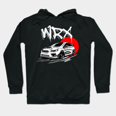 Black hoodie with sporty car graphic and WRX text, featuring a red sun design. Cotton blend, casual wear.