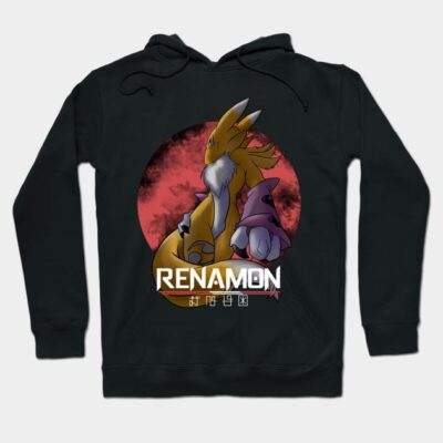 Black hoodie featuring Renamon graphic design with red and yellow accents, ideal for casual wear and anime fans.