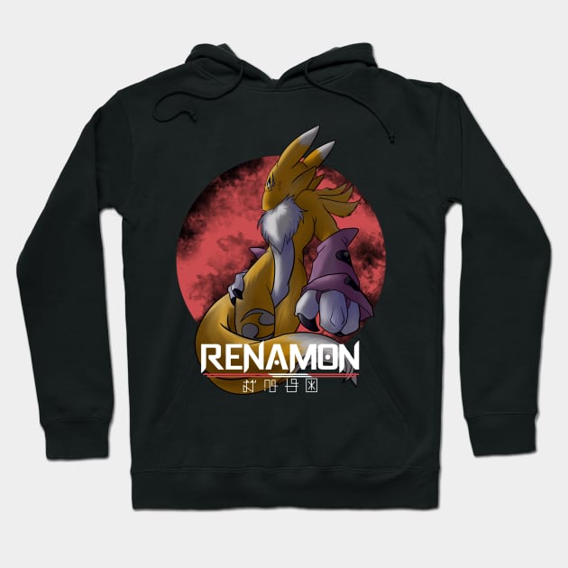 Black hoodie featuring Renamon graphic design with red and yellow accents, ideal for casual wear and anime fans.