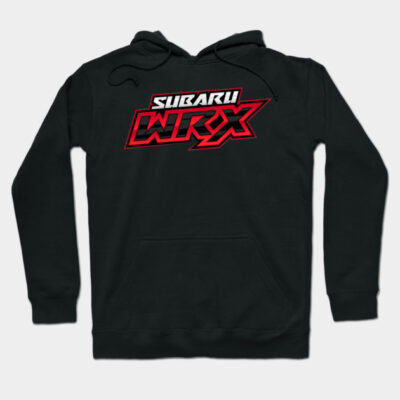 Black Subaru WRX hoodie with bold red and white graphic design, casual style, cozy material, perfect for car enthusiasts.