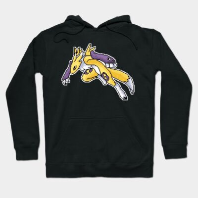 Black hoodie with colorful pixel art design featuring yellow and purple elements, casual style, cotton fabric.