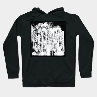 Black hoodie with abstract white glitch design, long sleeves, and front pocket. Perfect for casual wear. Cotton blend.
