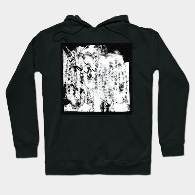 Black hoodie with abstract white glitch design, long sleeves, and front pocket. Perfect for casual wear. Cotton blend.
