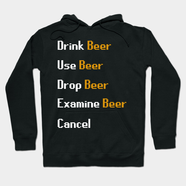 Black hoodie with retro gaming text design about beer, featuring a humorous pixel art style for casual wear.