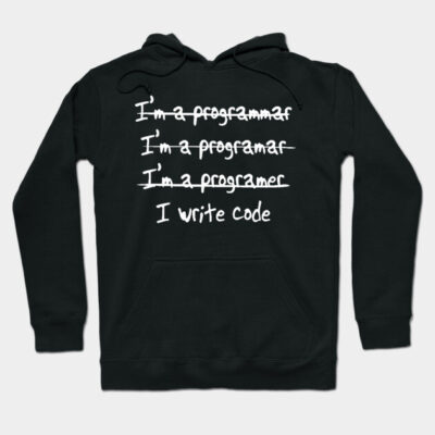Black hoodie with text design "I write code" for programmers, casual style, cotton material, unisex fit.