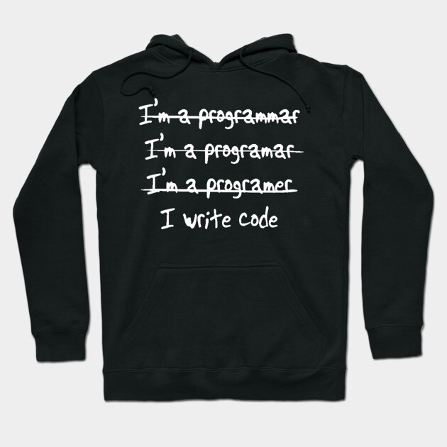 Black hoodie with text design "I write code" for programmers, casual style, cotton material, unisex fit.