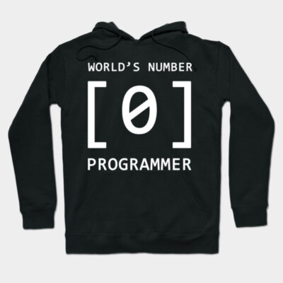 Black hoodie with "World's Number [0] Programmer" text, casual style, cotton blend, ideal for tech enthusiasts.