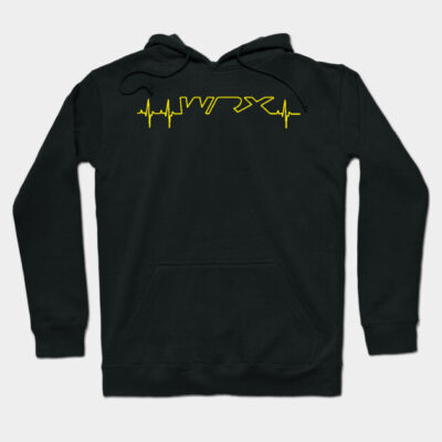 Black hoodie with yellow WRX heartbeat design, pullover style, cotton blend, casual wear.