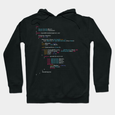 Black hoodie with colorful code print, perfect for programmers. Soft cotton material, ideal for casual wear.
