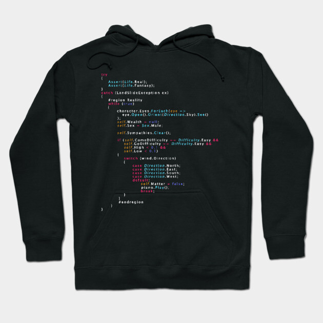 Black hoodie with colorful code print, perfect for programmers. Soft cotton material, ideal for casual wear.