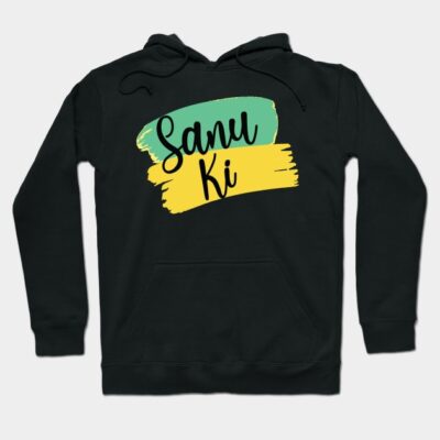Black hoodie with teal and yellow brushstroke design and "Sanu Ki" text, casual wear, cotton blend material.