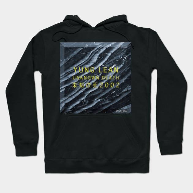 Black graphic hoodie with abstract design and text, featuring drawstring hood and front pocket, casual streetwear.