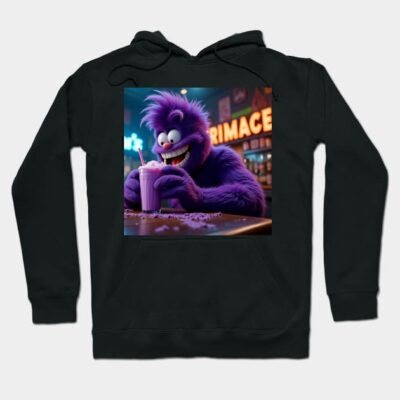 Black hoodie with a colorful cartoon character enjoying a milkshake, ideal for casual wear and comfort.