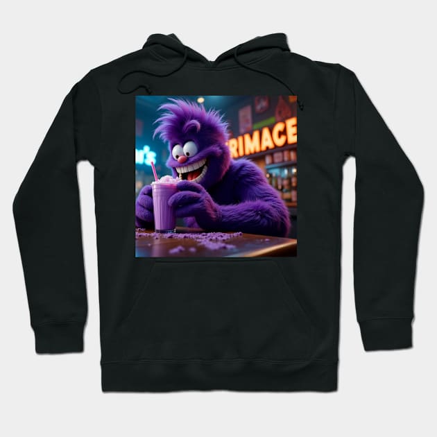 Black hoodie with a colorful cartoon character enjoying a milkshake, ideal for casual wear and comfort.