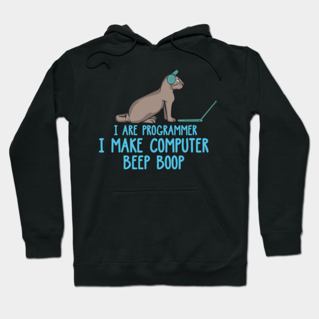 Black hoodie with cat and laptop graphic, text "I are programmer, I make computer beep boop," casual and cozy wear.