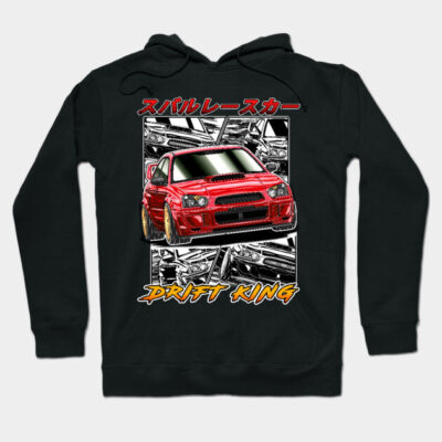 Black hoodie featuring red sports car graphic with "Drift King" text, ideal for car enthusiasts, cotton material.