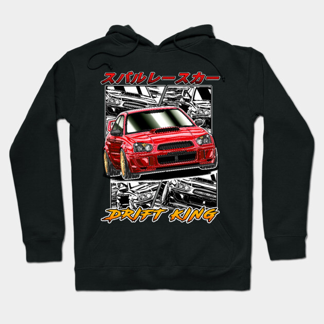Black hoodie featuring red sports car graphic with "Drift King" text, ideal for car enthusiasts, cotton material.