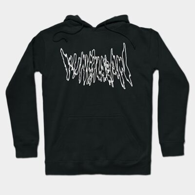Black graphic hoodie with white abstract text design, front pocket, and adjustable drawstring, perfect for casual wear.