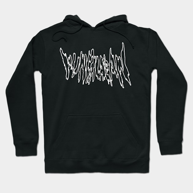 Black graphic hoodie with white abstract text design, front pocket, and adjustable drawstring, perfect for casual wear.