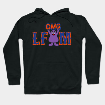Black hoodie with colorful cartoon graphic and bold text, casual style, cozy material, ideal for everyday wear.