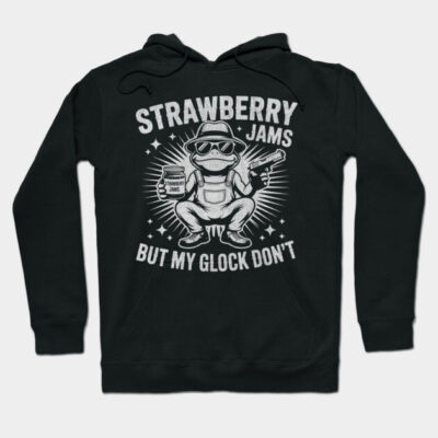 Black hoodie with humorous strawberry jam design, casual style, cotton blend, comfortable for daily wear.