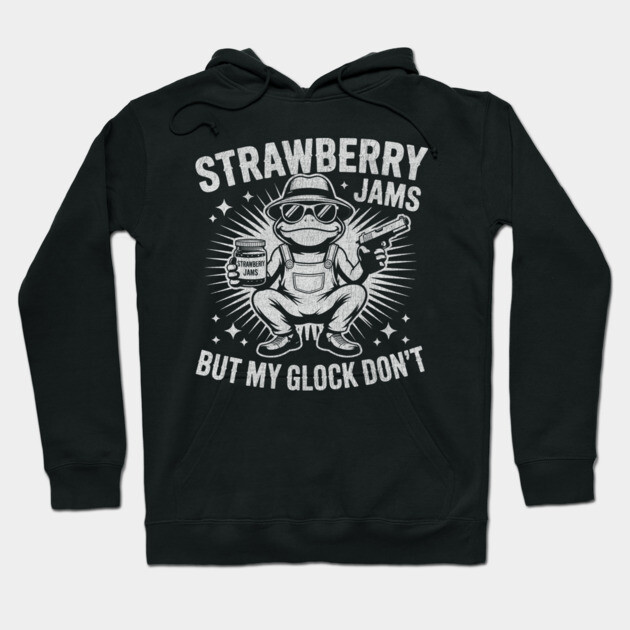 Black hoodie with humorous strawberry jam design, casual style, cotton blend, comfortable for daily wear.